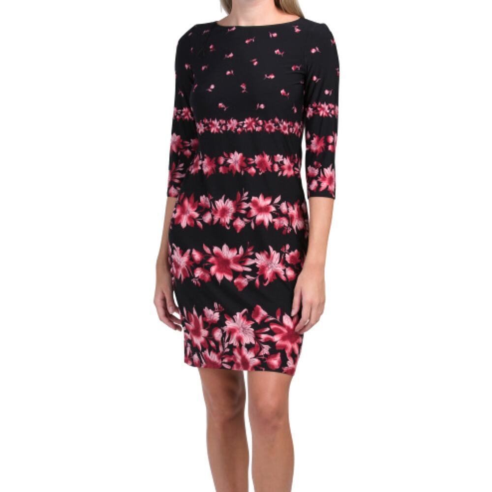 New! London Times Women's Boat Neck Floral Print Mini Dress